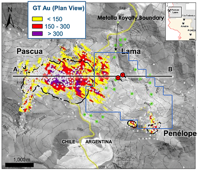 The royalty covers the Penelope open pit mine in the southeast of the royalty boundary and the eastern extensions of the Lama mineralization at the Lama project. The royalty straddles the outer boundaries of the 2018 Pascua Lama pit boundary but includes resources outside of the pit. Lama Norte, Morro Norte, Lama Este, Lama Sur and the Lama-Penelope Porphyry are all included in the royalty area. Image source: Barrick Q1 2021 Results Presentation. (CNW Group/Metalla Royalty and Streaming Ltd.)