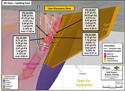 Figure 3: 3D view showing the current extent of drilling at Lion Discovery, the results presented in this release, as well as some of the proposed holes for the upcoming summer drilling program. (CNW Group/Power Nickel Inc.)