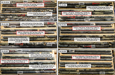 Figure 1:&nbsp;Core pictures showing the relation between observed massive chalcopyrite and grade, and the relative visual amount of massive chalcopyrite (MCp) observed in some the best intersections to date. (CNW Group/Power Nickel Inc.)