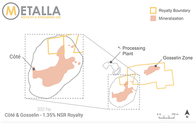 Cote Gold Project Royalty Map (CNW Group/Metalla Royalty and Streaming Ltd.)