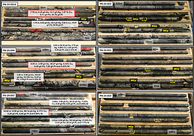 Figure 4: Core pictures showing the relation between observed massive chalcopyrite and grade, and massive chalcopyrite (MCp) observed in three other recent holes. (CNW Group/Power Nickel Inc.)