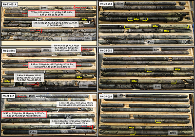 Figure 4: Core pictures showing the relation between observed massive chalcopyrite and grade, and massive chalcopyrite (MCp) observed in three other recent holes. (CNW Group/Power Nickel Inc.)