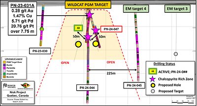Figure 2: Longitudinal view of the PGM zone; PN-24-044 intersected massive chalcopyrite approximately 100m below PN-23-031A, while PN-24-047 confirms a lateral extension. (CNW Group/Power Nickel Inc.)