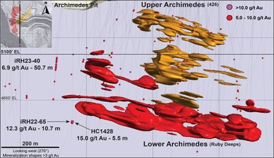 Figure 3: Archimedes longitudinal section of mineralized bodies (looking west). (CNW Group/i-80 Gold Corp)