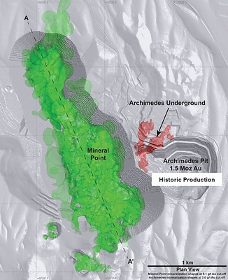 Figure 1: Ruby Hill Complex Plan View Showing Mineral Point Conceptual Pit with Mineralized Zones of Mineral Point and Archimedes Underground (CNW Group/i-80 Gold Corp)