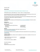 LUCARA 2023 YEAR END RESULTS TO BE RELEASED TUESDAY, FEBRUARY 20, 2024 (CNW Group/Lucara Diamond Corp.)
