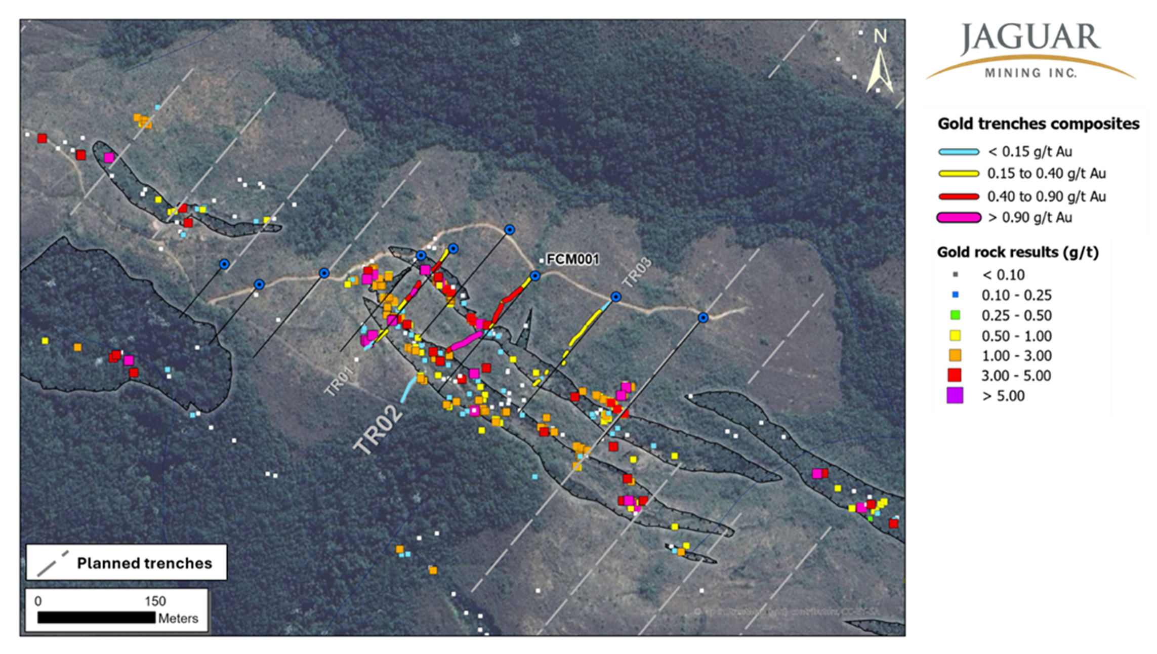 Figure 1: Location of trench TR02 and the planned collar position for drill hole FCM001.