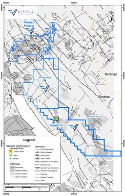 Figure 2. Geology of the silver-gold-rich Panuco – San Dimas corridor. The black square is the claim (144 Ha) that contains the producing Santa Fe mine and processing plant. (CNW Group/Vizsla Silver Corp.)
