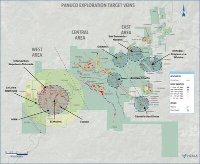 Figure 1: Plan map of the Panuco district highlighting primary exploration targets relative to mapped and sampled mineralized veins. The purple circle represents Resource Extension targets, the yellow circle represents Proximal targets, and the blue circles and ellipse represent distal District targets in the northeast. (CNW Group/Vizsla Silver Corp.)