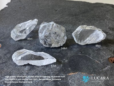 High quality white gems, shown prior to cleaning, recovered from the EM/PK(S) unit during June 2021, Karowe Mine, Botswana
Source: Lucara Diamond Corp. (CNW Group/Lucara Diamond Corp.)