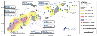 Figure 3: Longitudinal section of the Hanging Wall 4 (HW 4) Vein splay with Mineral Resources along main Napoleon and the overlapping hanging wall splays. The section is inclined along the dip of the structure. (CNW Group/Vizsla Silver Corp.)