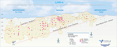 Figure 5: Napoleon Vein Corridor Exploration Model Longitudinal Section with pierce points on Napoleon main. (CNW Group/Vizsla Silver Corp.)