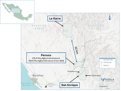 Figure 1: Location map of the San Enrique Prospect, Panuco Project and La Garra. See Company news release dated January 8, 2024 on “Updated Mineral Resource Estimate” for the Panuco project. (CNW Group/Vizsla Silver Corp.)
