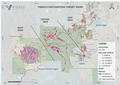 Figure 1: Plan map of the Panuco district highlighting primary exploration targets relative to mapped and sampled mineralized veins. The purple ellipse represents Resource Extension targets, the yellow ellipse represents Proximal targets, and the blue arrows represent distal District targets. (CNW Group/Vizsla Silver Corp.)