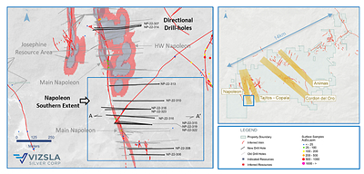 Figure 1: Plan map of recent drilling along the southern extent of the Napoleon vein. (CNW Group/Vizsla Silver Corp.)