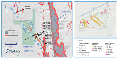 Figure 1: Plan map of recent drilling centered on the Cruz Negra Vein, highlighting newly acquired claims in green. (CNW Group/Vizsla Silver Corp.)