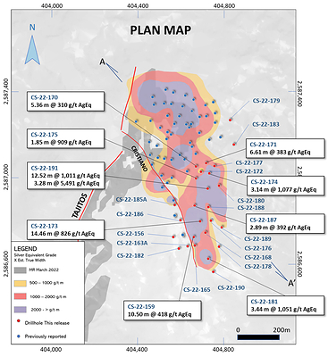 Figure 2: Plan map of Copala vein with drill-hole pierce points. (CNW Group/Vizsla Silver Corp.)
