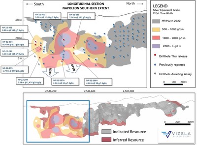 Figure 2: Longitudinal section of the main Napoleon Vein. The section is inclined along the dip of the structure. (CNW Group/Vizsla Silver Corp.)