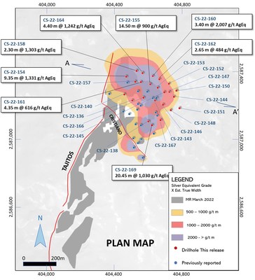 Figure 2: Plan map of Copala vein with drill-hole pierce points. (CNW Group/Vizsla Silver Corp.)