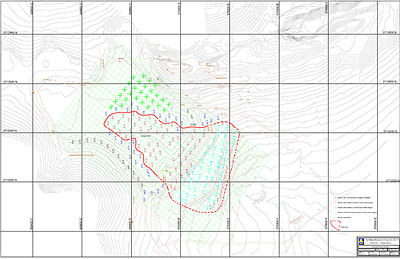 Figure 1 shows the oxide tailings in plan view with the drill holes in Black from the 2022 drill program, the drill holes in Red and Blue from the 2021 program, the green indicates holes that may still be drilled, and the drill holes in light blue from the 2015/2016 program. (CNW Group/Avino Silver & Gold Mines Ltd.)