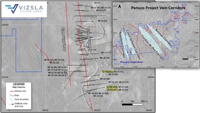 Plan map of the main Napoleon Corridor resource area with all holes labelled and selected intersections shown. (CNW Group/Vizsla Silver Corp.)