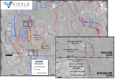 Plan map showing the location of recent drilling at Papayo and Ojo de Agua, relative to Napoleon resource area drilling. (CNW Group/Vizsla Silver Corp.)