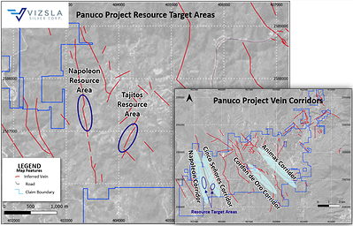 Figure 1: Plan map showing location of resource area drilling at Napoleon and Tajitos. Inset of the greater Panuco property package highlighting the four main vein corridors (blue ellipse) currently being explored by Vizsla. (CNW Group/Vizsla Silver Corp.)