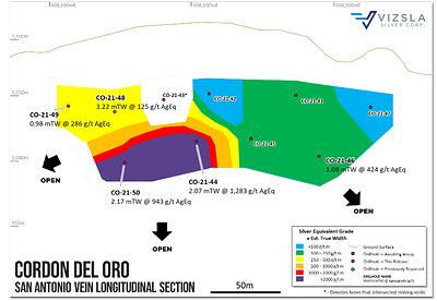 Longitudinal section of drilling at Cordon del Oro with selected holes labelled. (CNW Group/Vizsla Silver Corp.)
