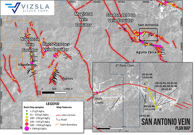 Plan map showing location of drill holes, mapped veins and surface sampling at the Cordon del Oro Vein Corridor.  Inset shows detail of San Antonio Vein drill collar locations. (CNW Group/Vizsla Silver Corp.)