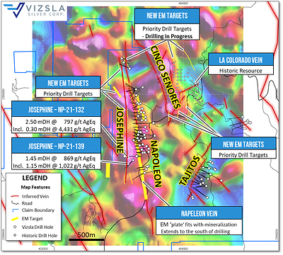 Figure 1: Drone magnetic survey with drill holes, mapped veins and new EM targets (yellow 3D ‘plates’ project to surface) plotted and labelled. (CNW Group/Vizsla Silver Corp.)
