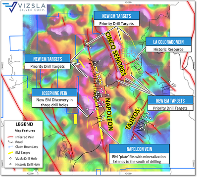 Drone magnetic survey (residual Reduced to Pole) with drill holes, mapped veins and new EM targets (yellow 3D ‘plates’ projected to surface) plotted and labelled. (CNW Group/Vizsla Silver Corp.)