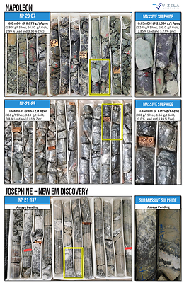 Photos of massive sulphide mineralization from the Napoleon and Josephine veins (CNW Group/Vizsla Silver Corp.)