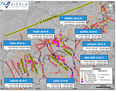 Highlighted drilling results from Vizsla’s programs on the four vein corridors that have been the Company’s initial focus. Vein corridors labelled in yellow. (CNW Group/Vizsla Silver Corp.)