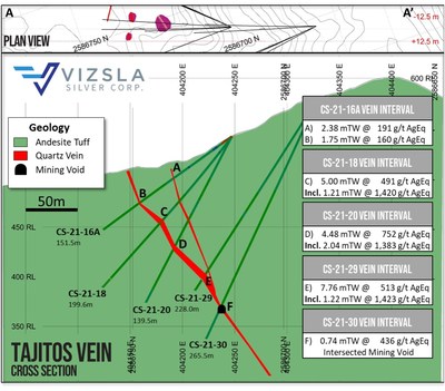 Figure 2: Cross section through the Tajitos Vein with results labelled. (CNW Group/Vizsla Silver Corp.)