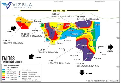 Figure 1: Longitudinal section from Tajitos vein, looking to the northwest. All holes are labelled, and selected intersections are shown. (CNW Group/Vizsla Silver Corp.)
