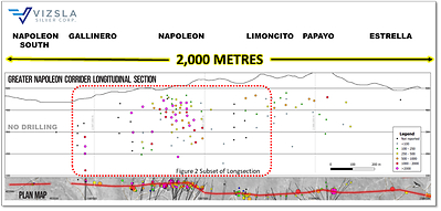 Figure 1: Longitudinal section of the greater Napoleon Vein Corridor, looking towards the west. (CNW Group/Vizsla Silver Corp.)