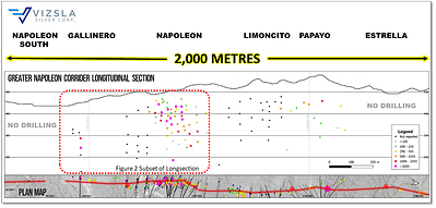 Figure 1: Longitudinal section of the greater Napoleon Vein Corridor (CNW Group/Vizsla Silver Corp.)