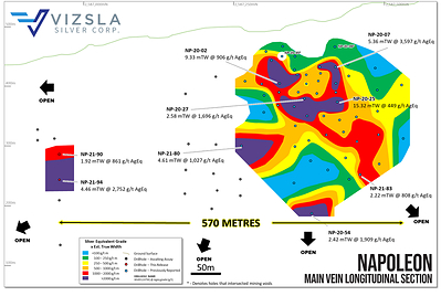 Figure 2: Longitudinal section from the main Napoleon prospect with all new holes labelled and selected intersections shown. (CNW Group/Vizsla Silver Corp.)