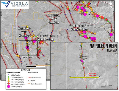 Figure 4: Plan map showing location of drill holes, mapped veins and surface sampling at the Napoleon zone on the Napoleon Vein Corridor.  Labels shown for reported holes.  Inset shows detail of Napoleon’s drill collar locations (CNW Group/Vizsla Silver Corp.)