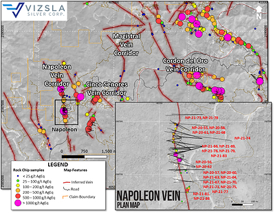 Plan map showing location of drill holes, mapped veins and surface sampling at the Napoleon zone on the Napoleon Vein Corridor.  Labels shown for reported holes.  Inset shows detail of Napoleon’s drill collar locations. (CNW Group/Vizsla Silver Corp.)