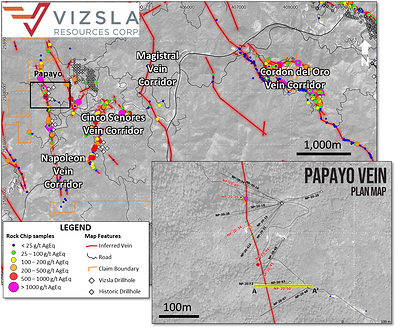 Figure 1: Plan view of Papayo prospect with drill hole locations labelled and surface sampling locations shown. (CNW Group/Vizsla Resources Corp.)