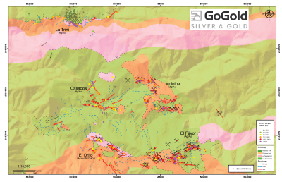 Figure 1: Plan View – La Trini to El Favor Area of Los Ricos North (CNW Group/GoGold Resources Inc.)