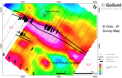 Figure 2: El Orito – Induced Polarization (“IP”) Survey Map (CNW Group/GoGold Resources Inc.)
