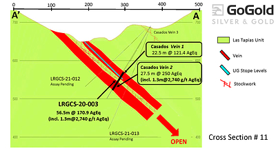 Figure 3: Cross Section – Casados Hole LRGCS-20-0003 (CNW Group/GoGold Resources Inc.)