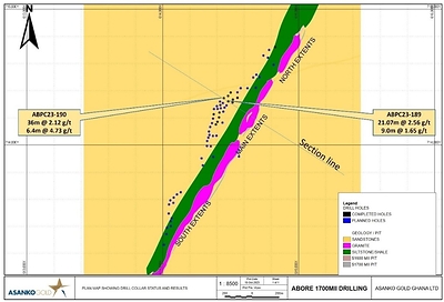 Figure 5: Plan map of 2023 Abore infill drilling progress shown on geology highlighting location of holes ABPC23-189 and ABPC23-190. Granite which acts as primary host of Abore mineralization shown in pink. (CNW Group/Galiano Gold Inc.)