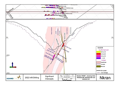 Figure 4: Section 700487 showing holes NKDD22-080 and NKDD2-081 (CNW Group/Galiano Gold Inc.)