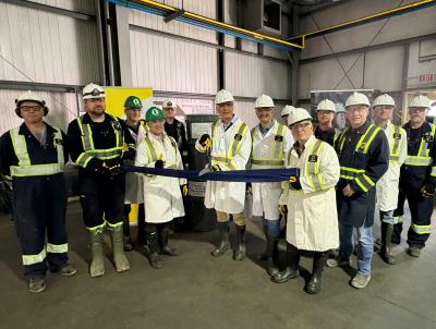 SABRE 1st Barrel Ribbon Cutting: attendees included Claude Imauven, Xavier Saint Martin Tillet, and Jim Corman of Orano, and David Cates and David Neuburger of Denison. (CNW Group/Denison Mines Corp.)