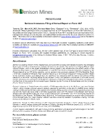 Denison Announces Filing of Annual Report on Form 40-F (CNW Group/Denison Mines Corp.)