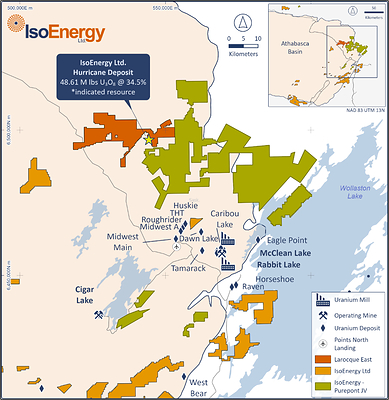 Figure 2 – Location of IsoEnergy’s Larocque East project and Hurricane Deposit. 
* See Qualified Person Statement below. (CNW Group/IsoEnergy Ltd.)