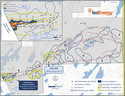 Figure 1 – Larocque East 2026 winter drill target areas focused on the Hurricane Deposit
* See Qualified Person Statement below. (CNW Group/IsoEnergy Ltd.)